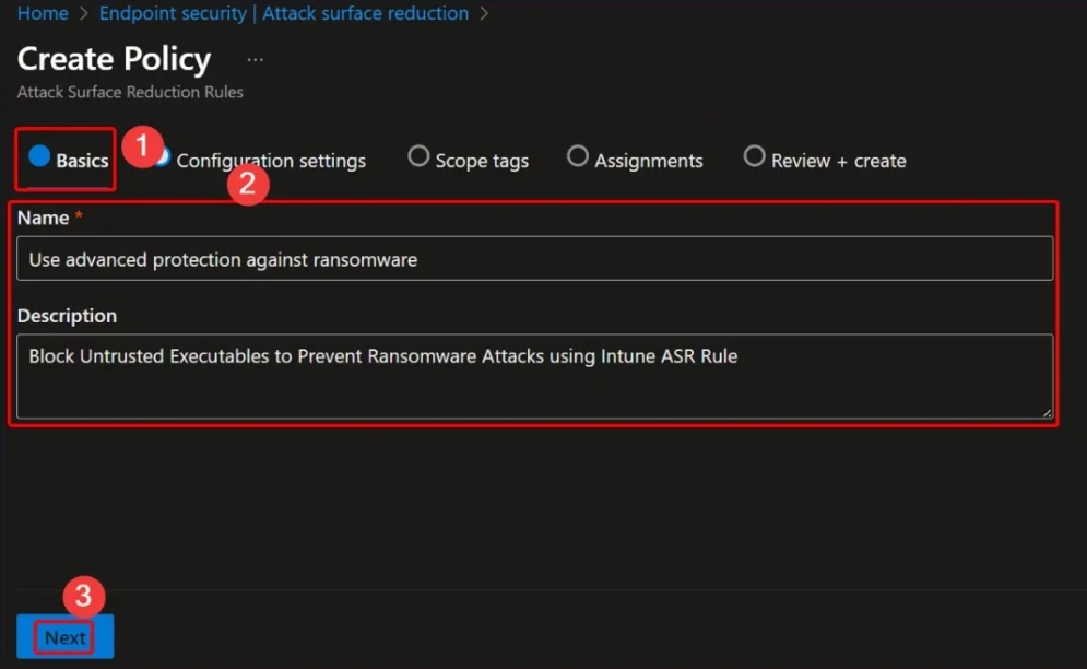 Configuring basic information for the ASR policy